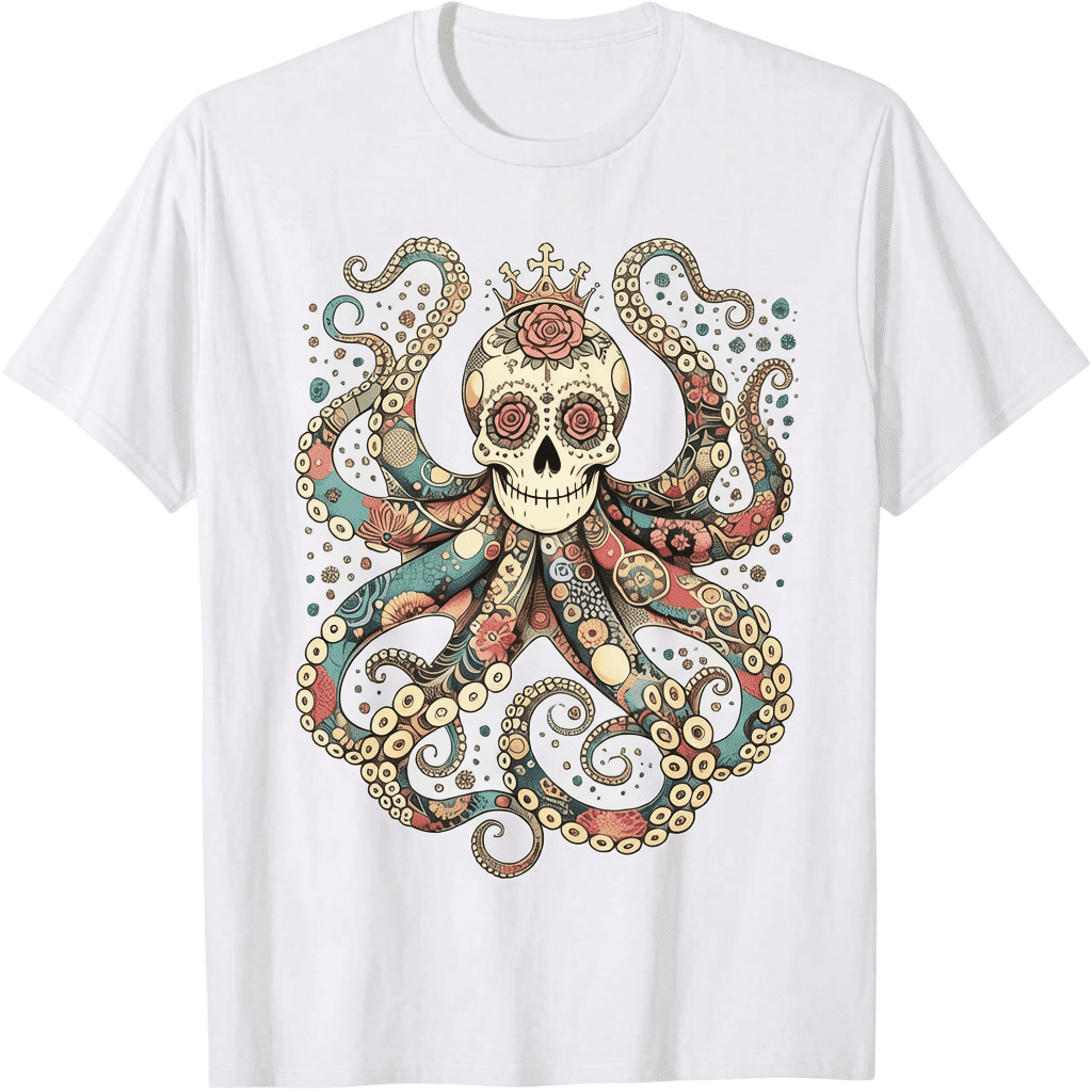 Mexican Sugar Skull Octopus T-Shirt Gothic Rose Crown Crossbones Graphic Unisex
