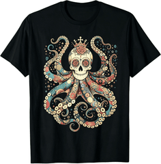 Mexican Sugar Skull Octopus T-Shirt Gothic Rose Crown Crossbones Graphic Unisex