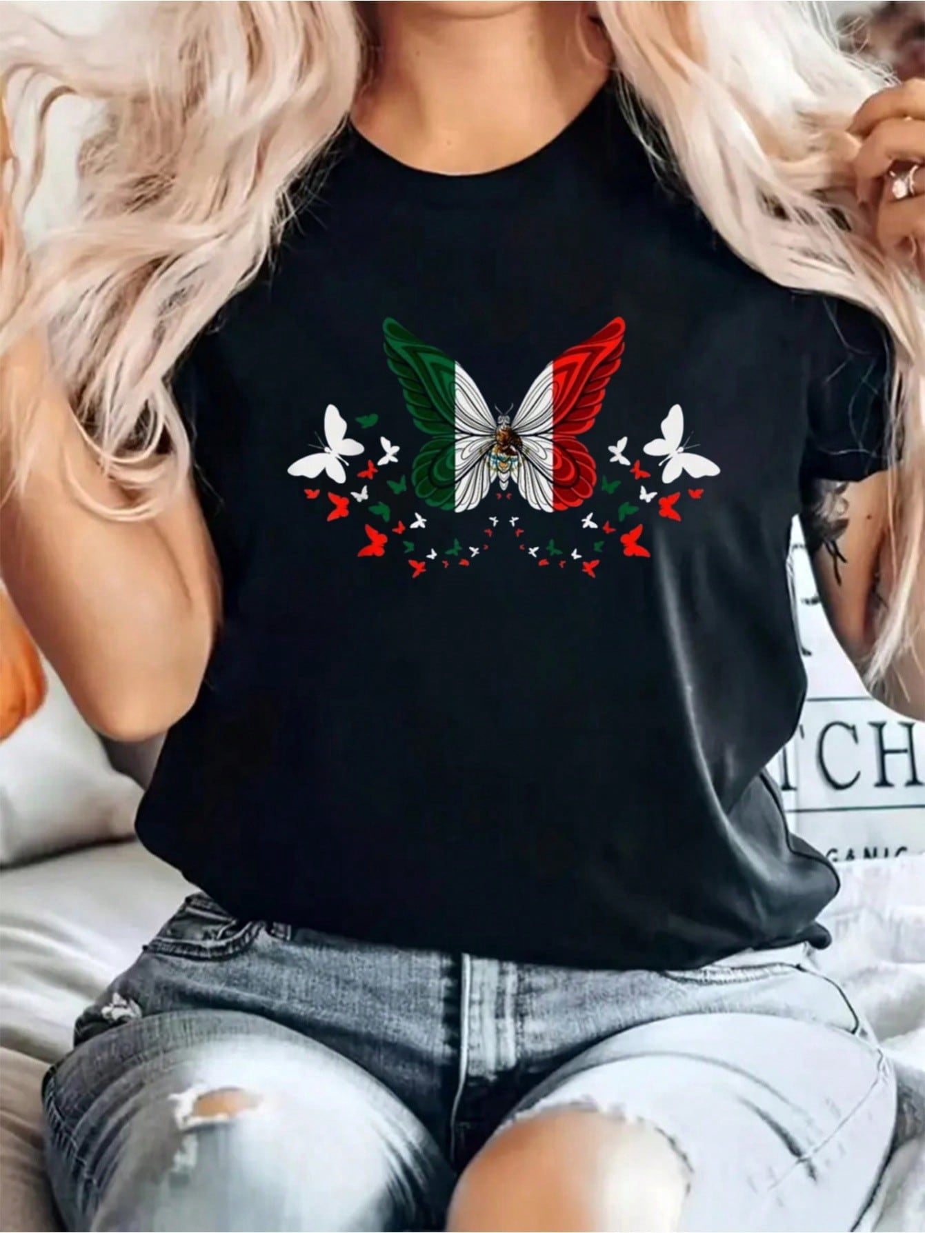 Mexico Mexican Mexico Flag Butterflies T-Shirt Print Cotton Graphic Print Solid T-Shirt