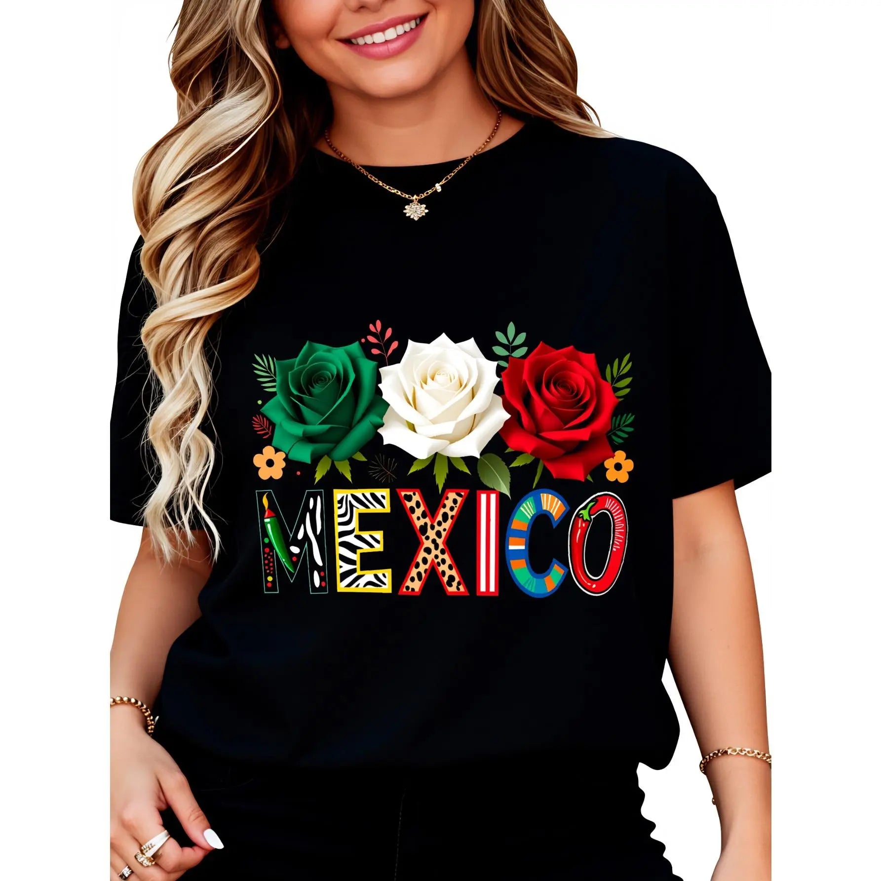 Mexico Roses Flag Colors Pattern T-Shirt for Women Men Cotton Clothing