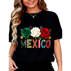 Mexico Roses Flag Colors Pattern T-Shirt for Women Men Cotton Clothing
