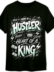 “Mind Of A Hustler Heart Of A King” Graffiti Streetwear T-Shirt – Motivational Crown Money Graphic Tee for Men, Casual Short Sleeve Crewneck
