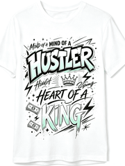 “Mind Of A Hustler Heart Of A King” Graffiti Streetwear T-Shirt – Motivational Crown Money Graphic Tee for Men, Casual Short Sleeve Crewneck