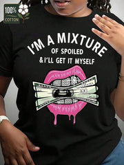 Money & Lips Print Crew Neck T-Shirt, Casual Short Sleeve Top For Spring & Summer