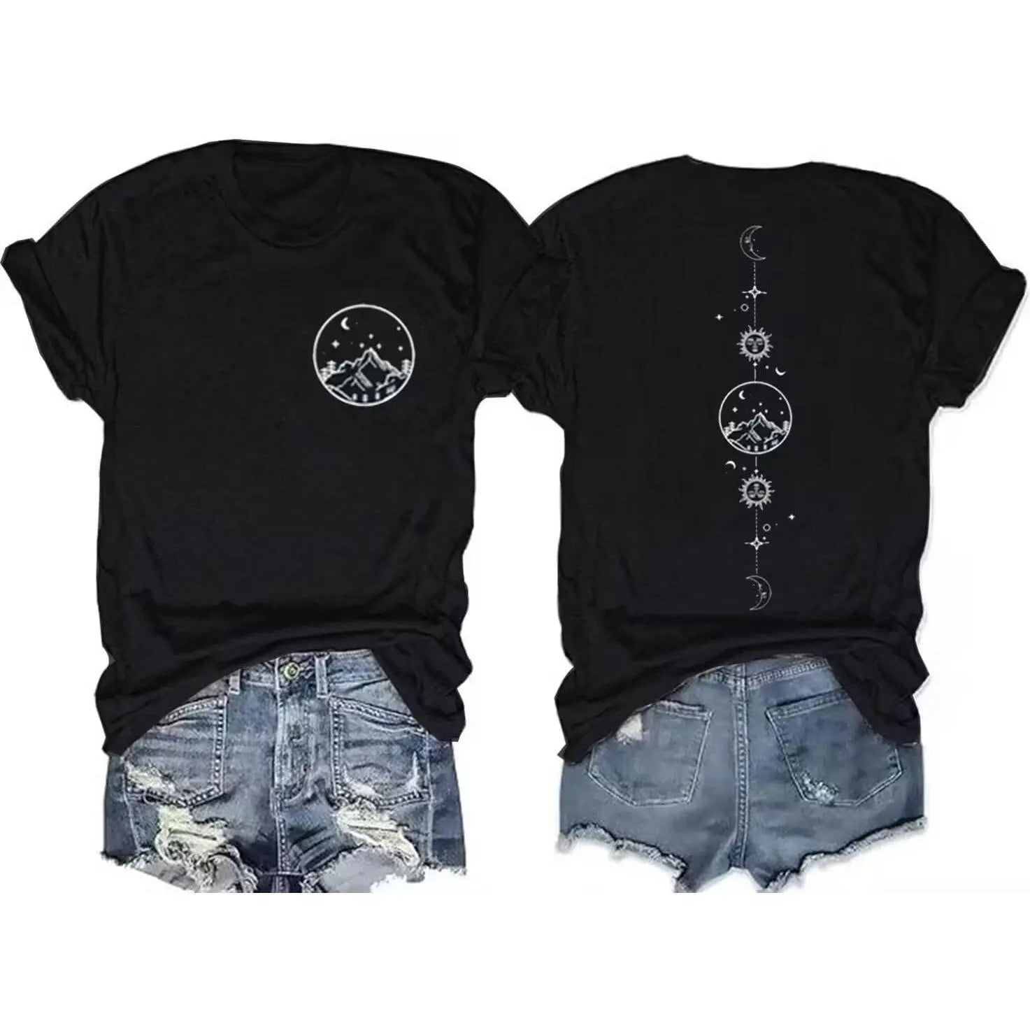 Moon and Sun Shirts Women Vintage Graphic Tshirt Mountain Hiking Short Sleeve Vacation T-Shirt Tops