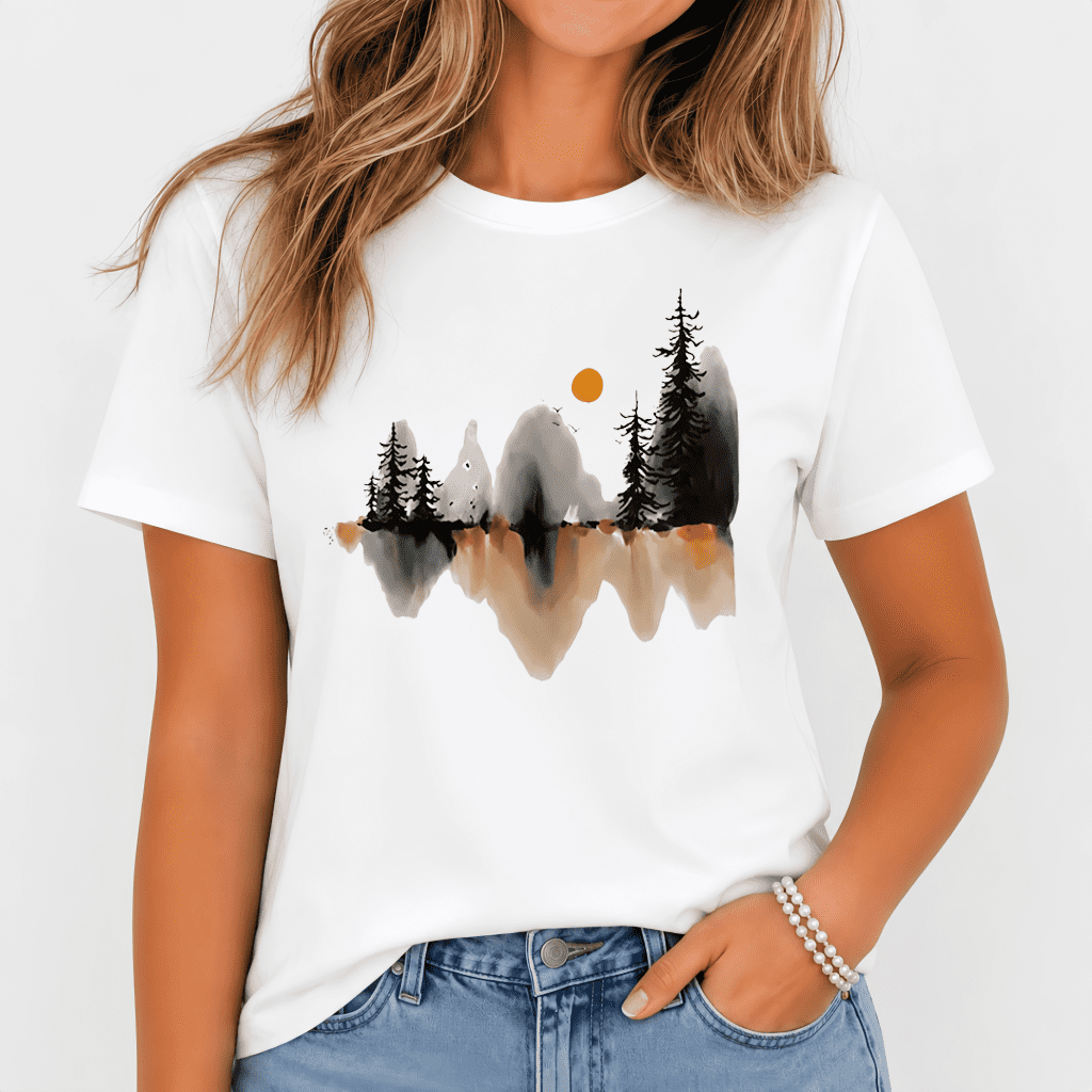 Mountain Lake Reflection T-Shirt | Artistic Nature Watercolor Graphic Tee