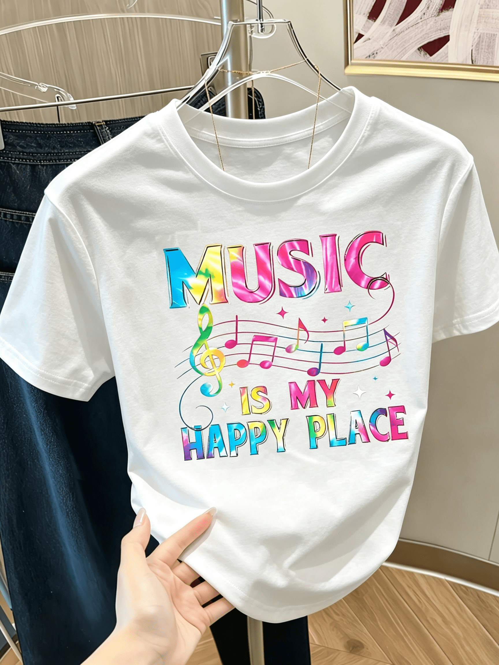 Music Is My Happy Place Printed Short-Sleeve Round-Neck T-Shirt for Women.
