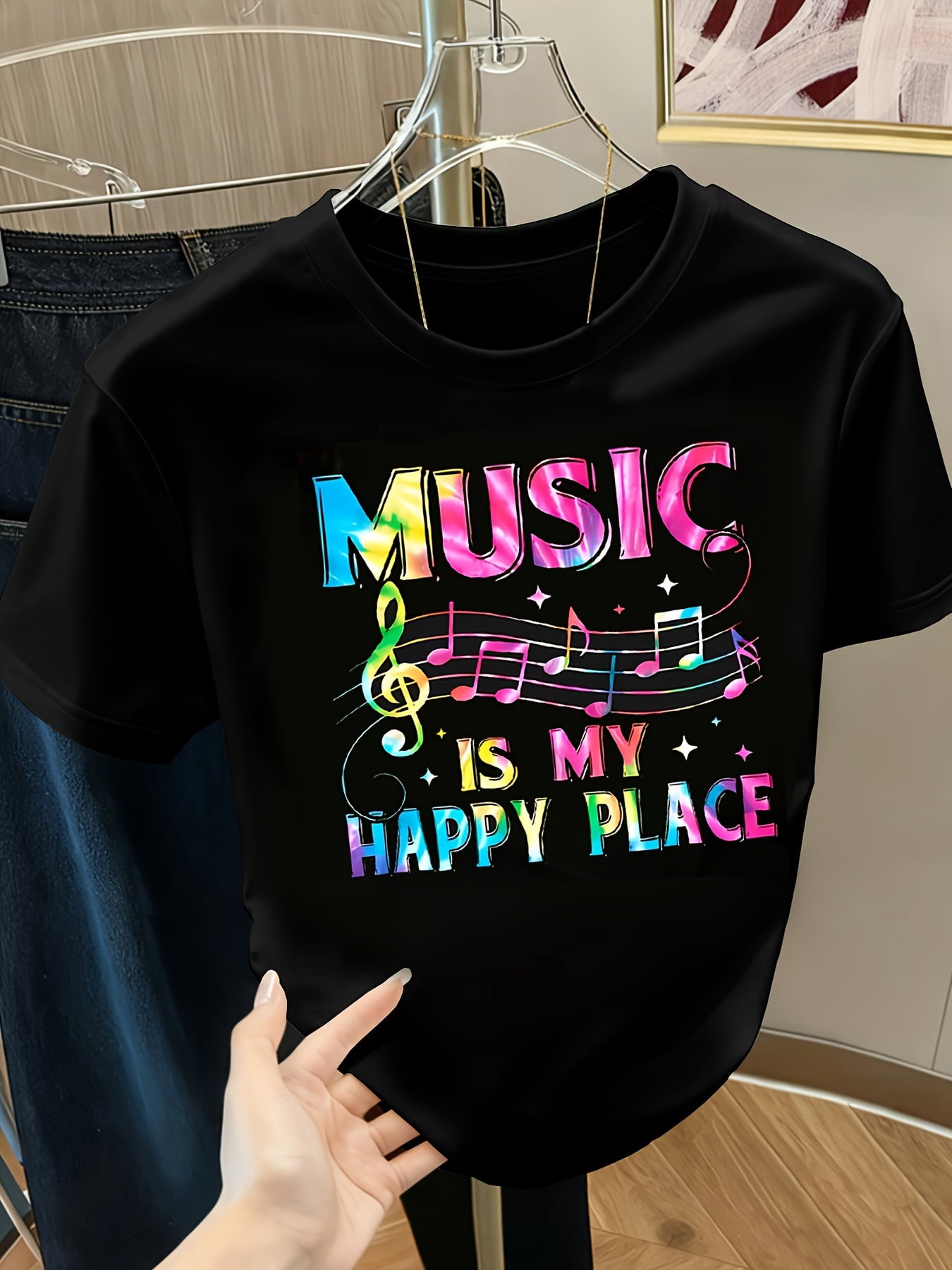Music Is My Happy Place Printed Short-Sleeve Round-Neck T-Shirt for Women.