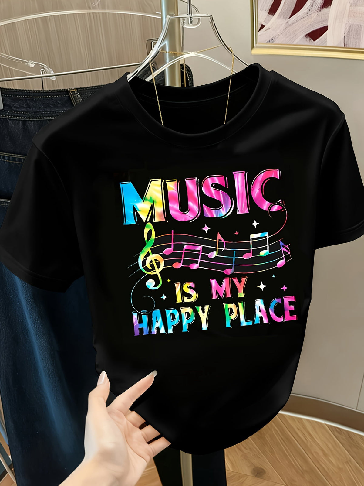 Music Is My Happy Place Printed Short-Sleeve Round-Neck T-Shirt for Women.