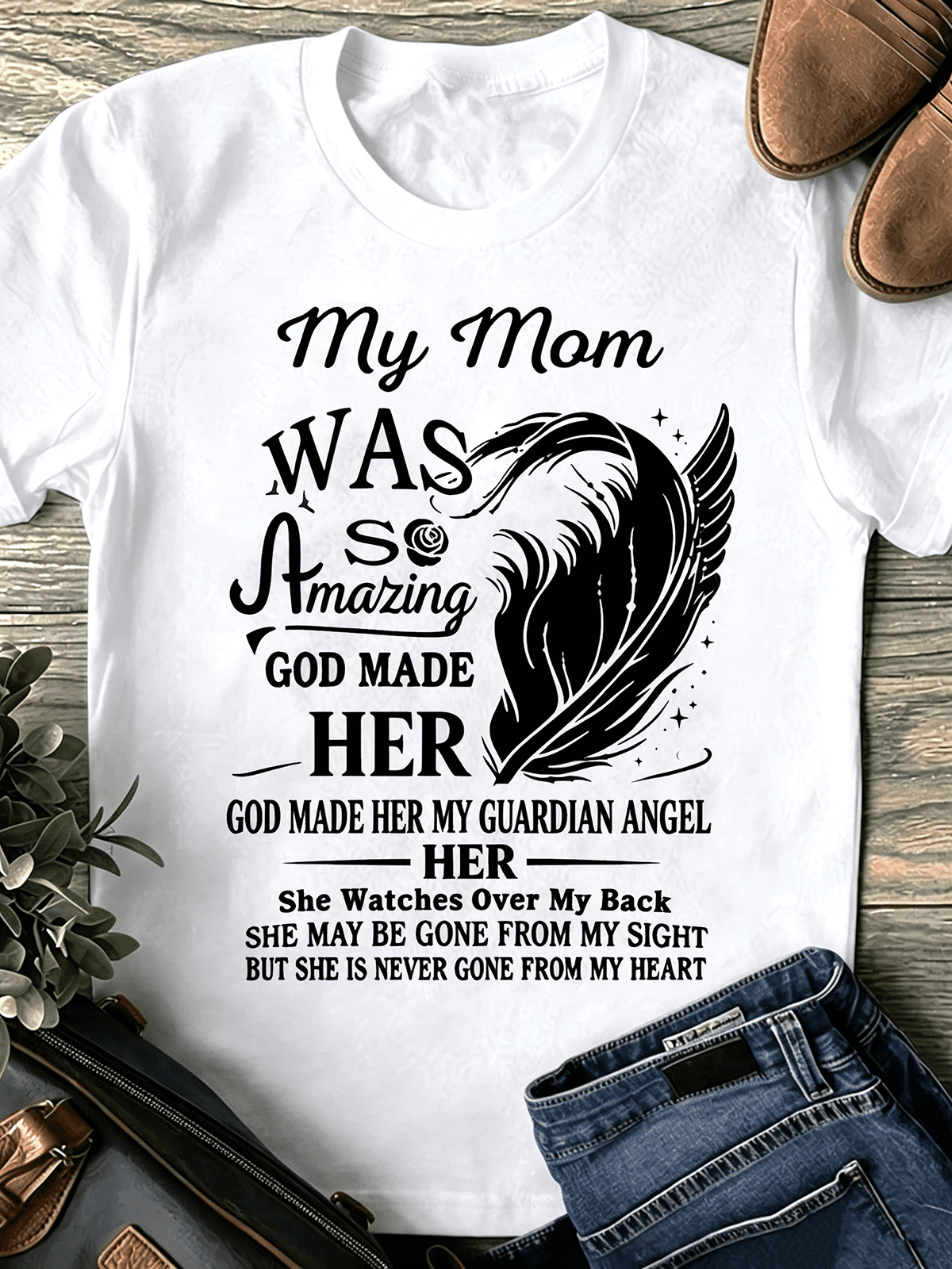 “My Amazing Mom Guardian Angel” Memorial T-Shirt – In Memory of Mother Bereavement Tee, Sympathy Gift Short Sleeve Top