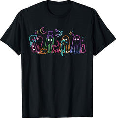 Neon Halloween Ghosts Cats Festive Neon Fall Cat Lover Gift T-Shirt