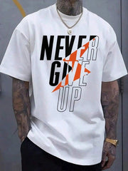 "Never Give Up" Graphic T-Shirt - White With Bold Orange & Black Design, 100% Cotton, Comfortable Stretch Fit
