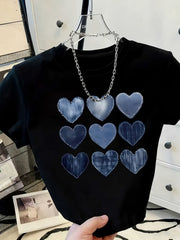 New Women's Round Neck Heart Print Fashion Cool Short Sleeve Summer Casual T-Shirt