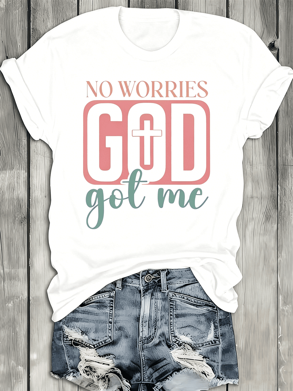 “No Worries God Got Me” Christian T-Shirt – Women‘s Inspirational Faith Tee, Casual Cotton Short Sleeve Top