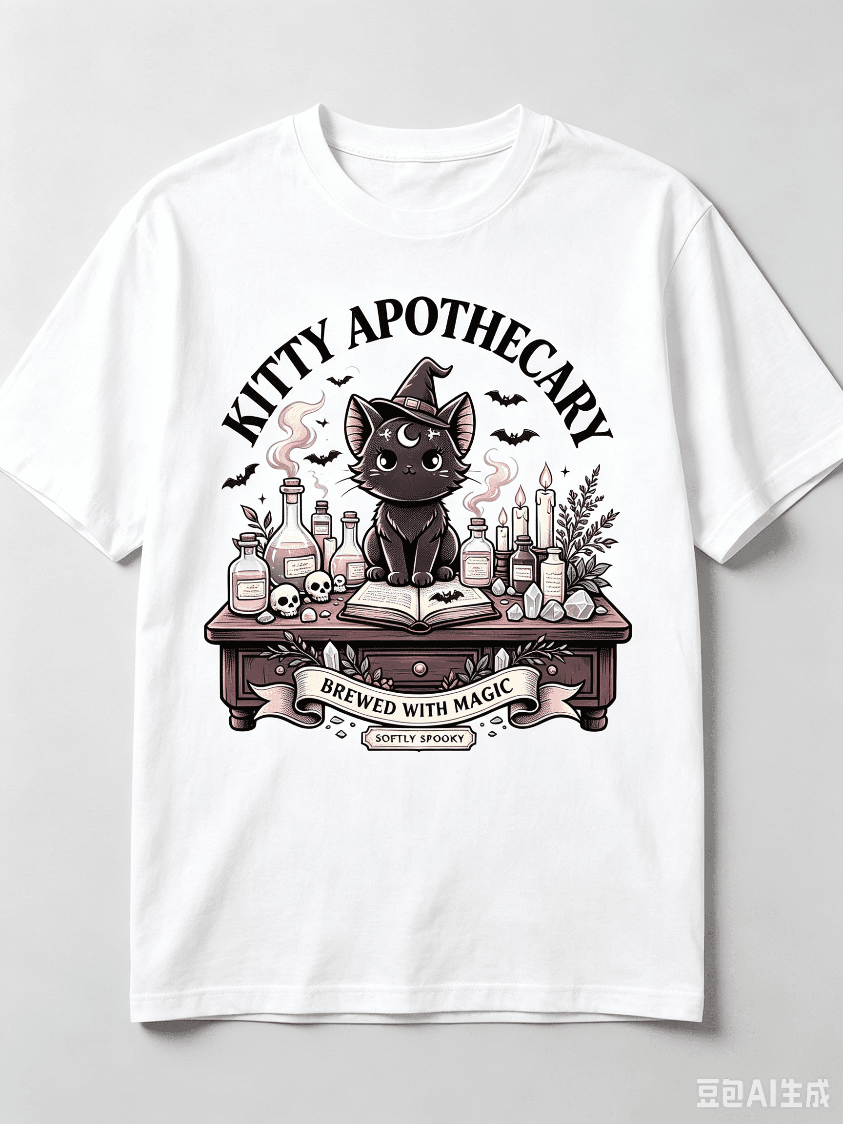 Novelty Vintage Apothecary Table Crystal Skull Bat Cute Witch Cat Graphic Tee