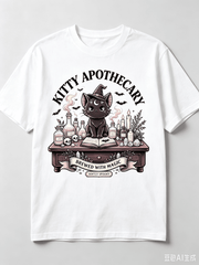Novelty Vintage Apothecary Table Crystal Skull Bat Cute Witch Cat Graphic Tee