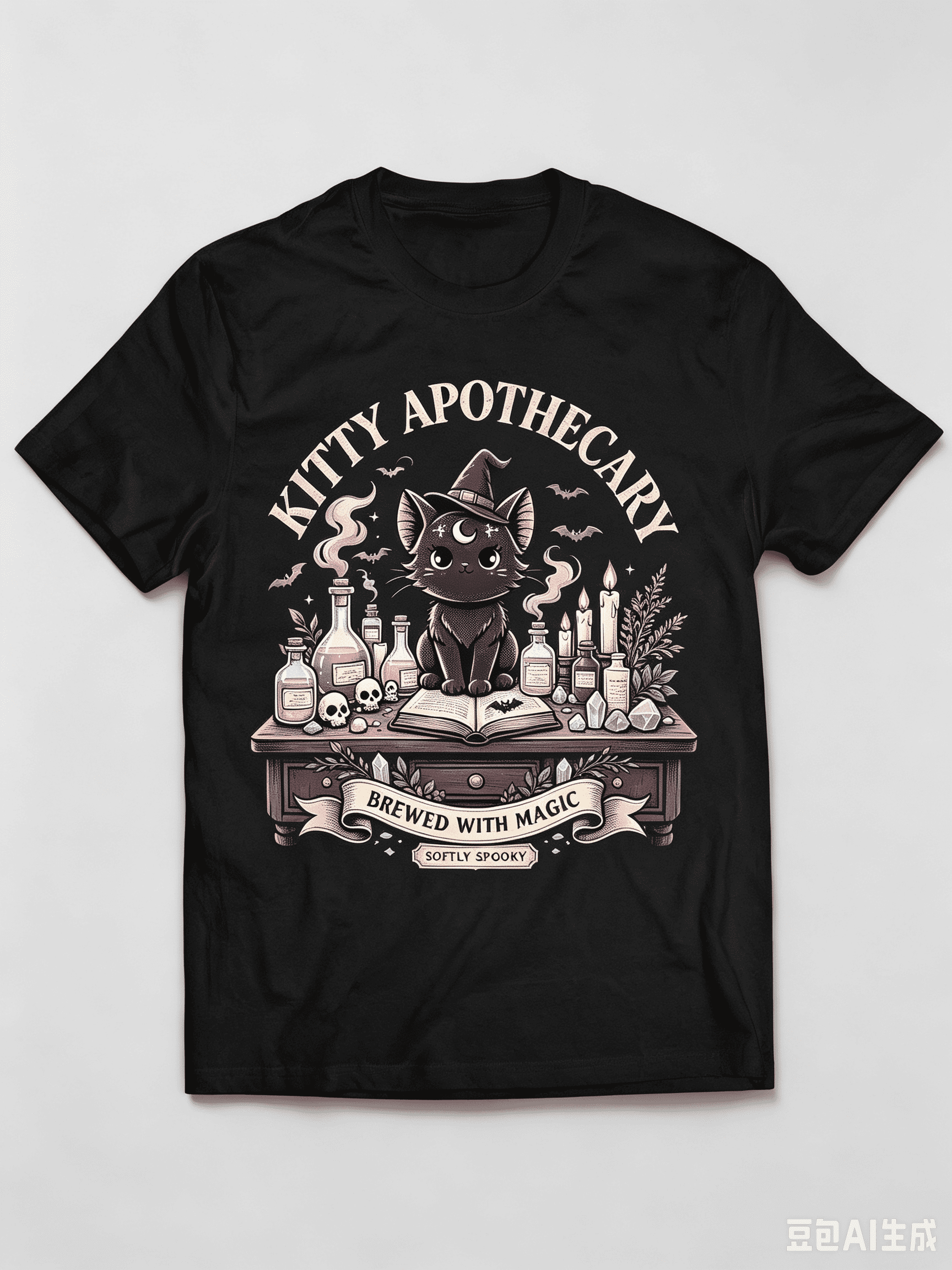 Novelty Vintage Apothecary Table Crystal Skull Bat Cute Witch Cat Graphic Tee