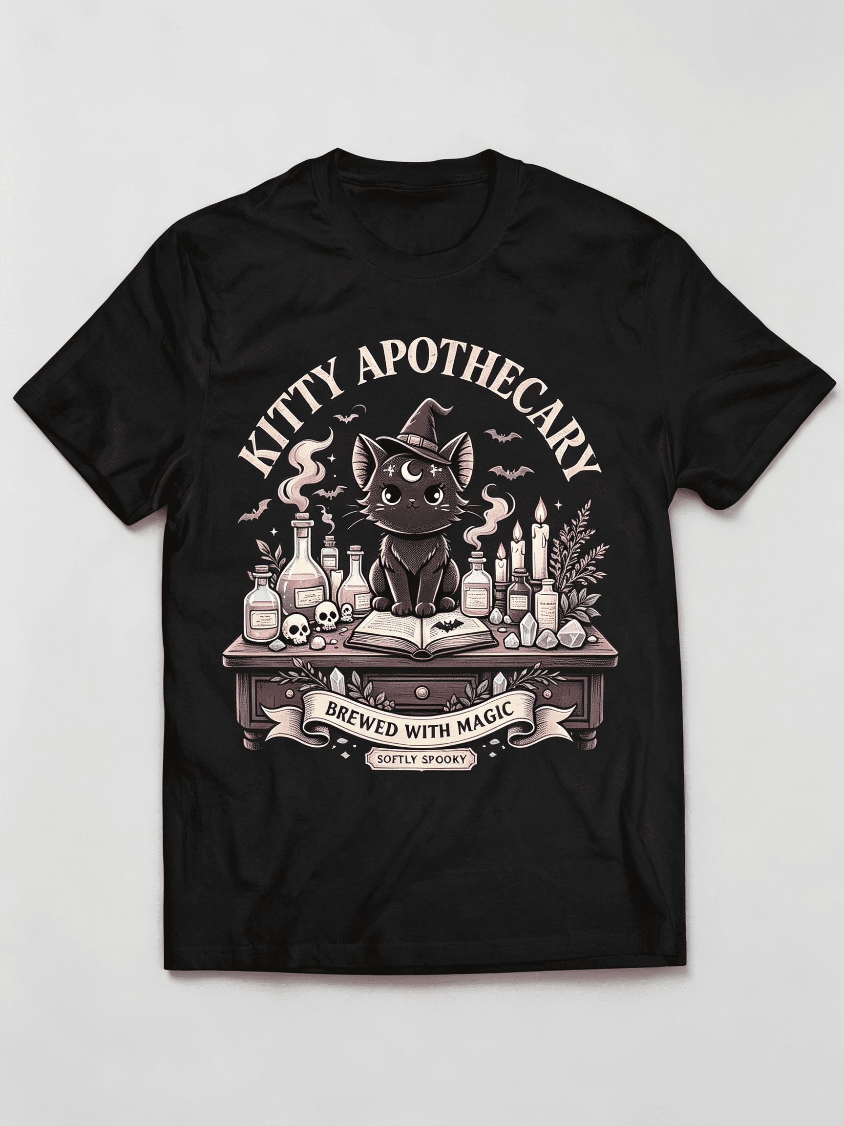 Novelty Vintage Apothecary Table Crystal Skull Bat Cute Witch Cat Graphic Tee