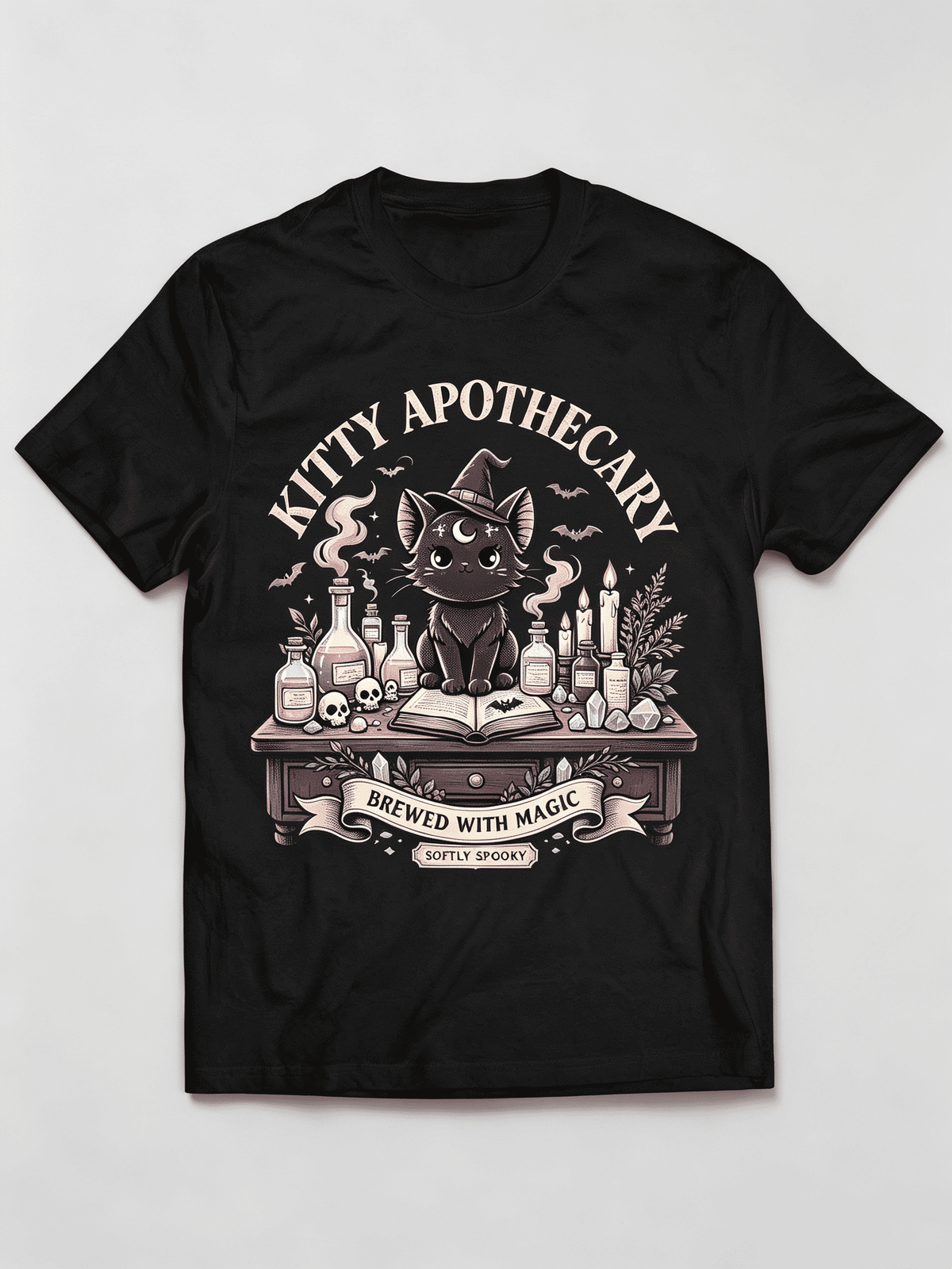 Novelty Vintage Apothecary Table Crystal Skull Bat Cute Witch Cat Graphic Tee
