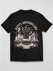 Novelty Vintage Apothecary Table Crystal Skull Bat Cute Witch Cat Graphic Tee