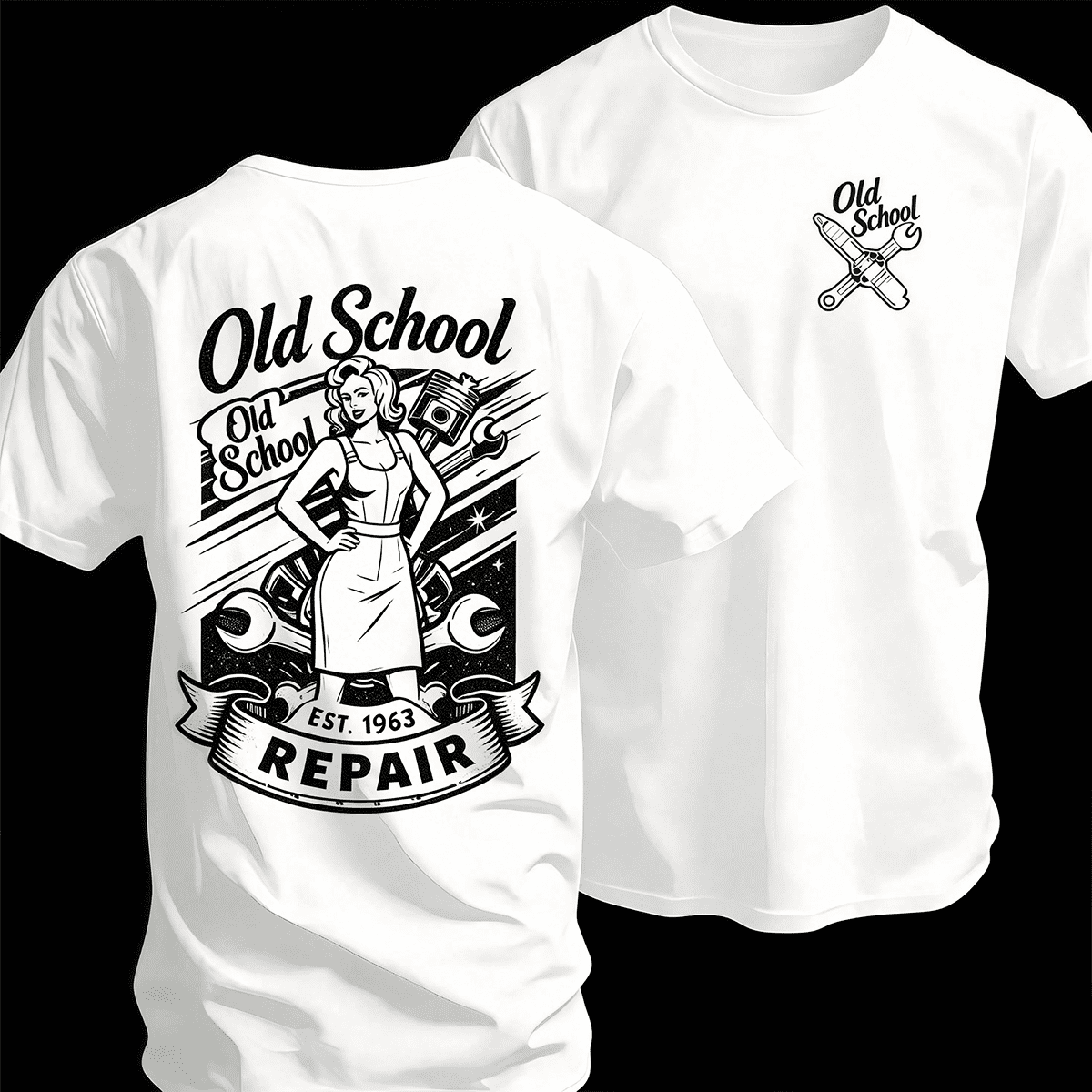 “Old School Pin Up Mechanic” Two-Sided Graphic T-Shirt – Retro Garage Work Tee, Vintage Auto Repair Top