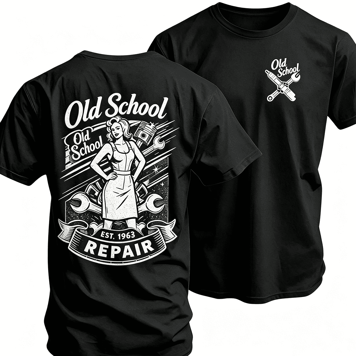 “Old School Pin Up Mechanic” Two-Sided Graphic T-Shirt – Retro Garage Work Tee, Vintage Auto Repair Top