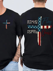 Patriotic Christian Faith T-Shirt, Stand For The Flag, Kneel For The Cross Religious Shirt, Cross Design Men's T-Shirt Showing American Pride, Conservative Christian Cotton Clothing