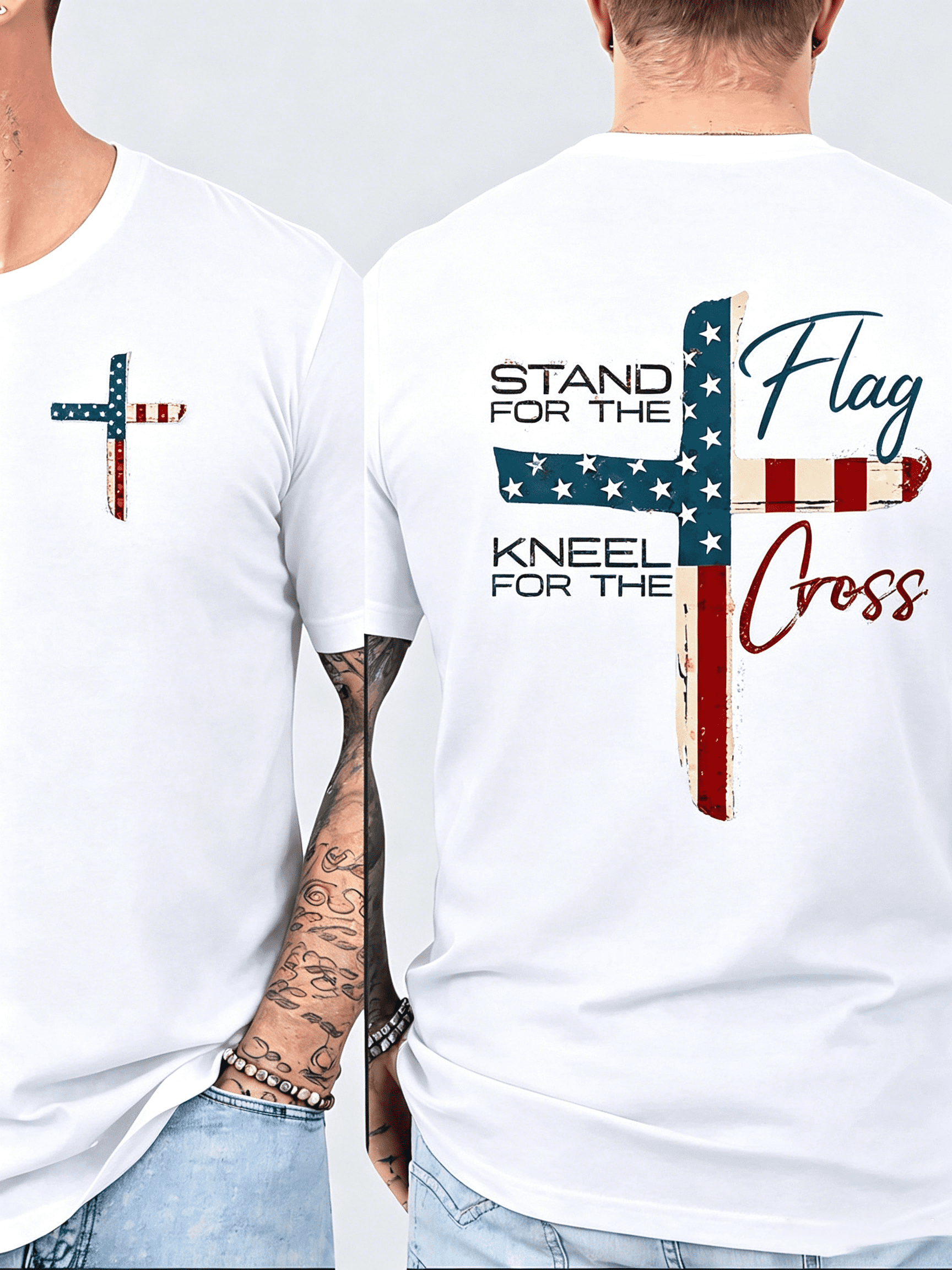 Patriotic Christian Faith T-Shirt, Stand For The Flag, Kneel For The Cross Religious Shirt, Cross Design Men's T-Shirt Showing American Pride, Conservative Christian Cotton Clothing
