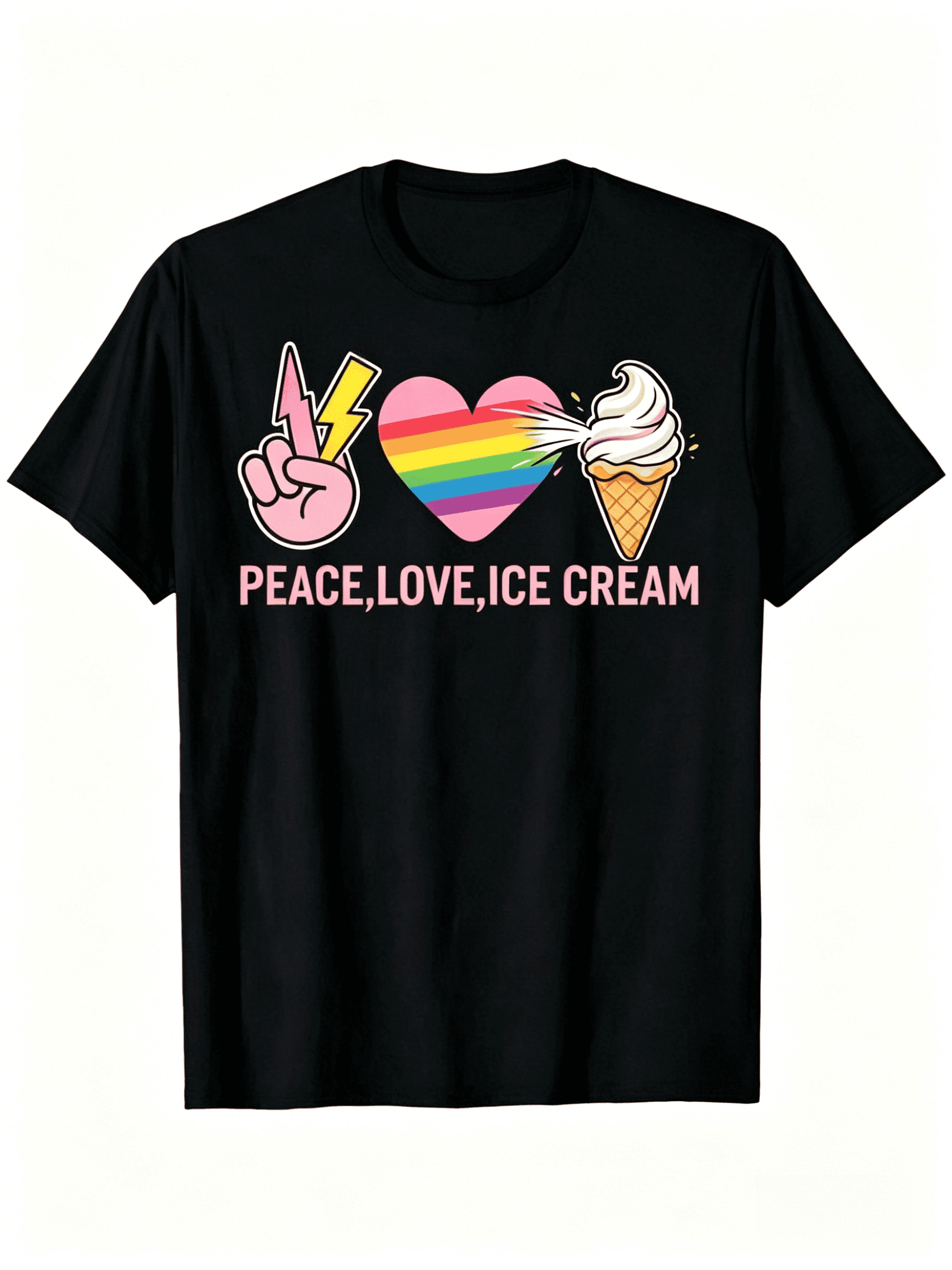 Peace Love Ice Cream Print Men Casual Tee, Rainbow Heart Lightning Finger Graphic 180GSM Soft Short Sleeve Gift T-Shirt