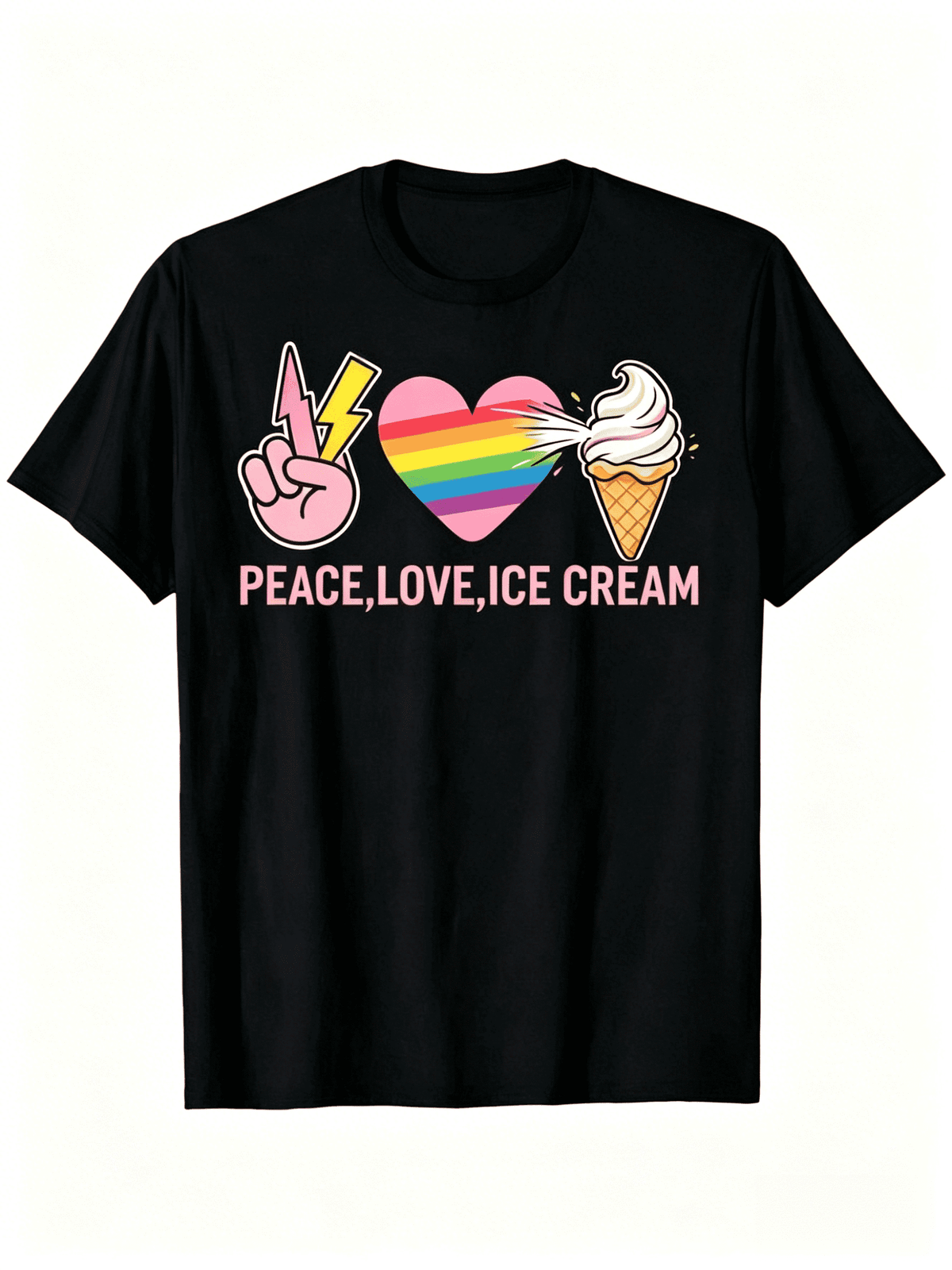 Peace Love Ice Cream Print Men Casual Tee, Rainbow Heart Lightning Finger Graphic 180GSM Soft Short Sleeve Gift T-Shirt