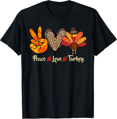 Peace Love Turkey Thanksgiving Graphic T‑Shirt, Casual Crew Neck Short Sleeve Unisex Tee