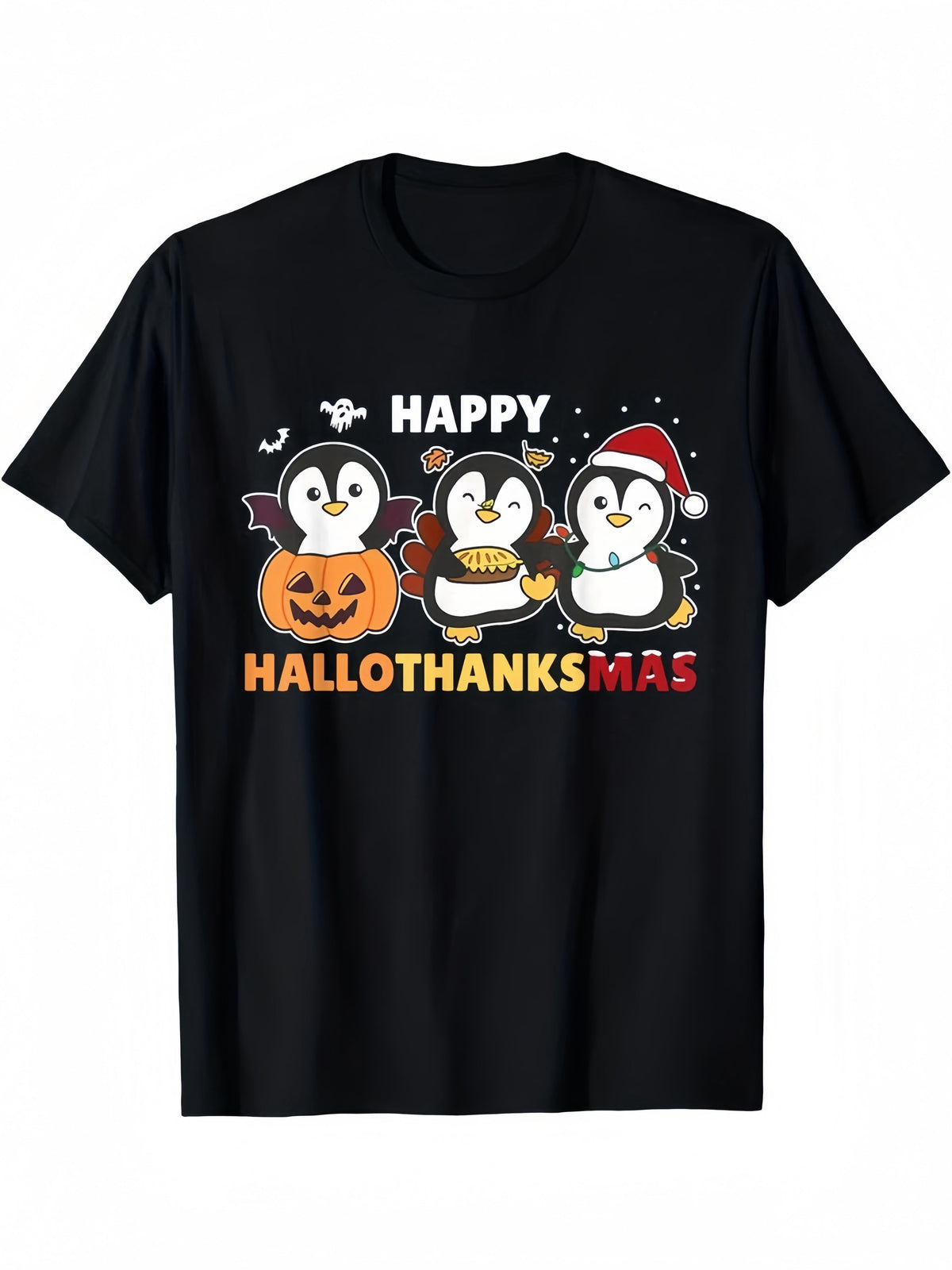 Unisex Holiday Graphic Tee, Happy Hallothanksmas Cute Penguin Halloween Thanksgiving Christmas Short Sleeve T‑Shirt