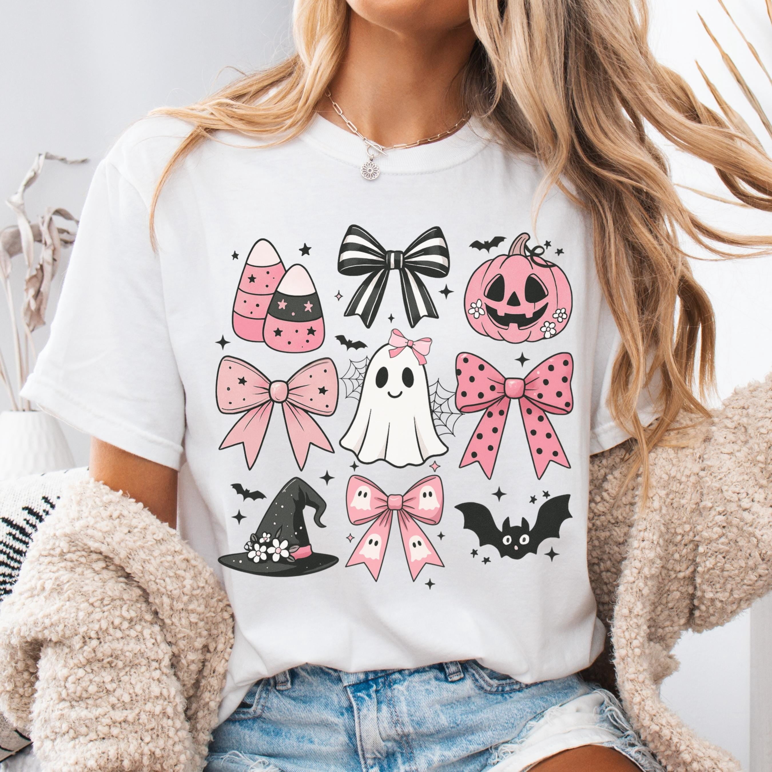 Pink Girly Bows Halloween T-Shirt, Cute Ghost Pumpkin Bat Graphic Tee, Fall Halloween Spooky Shirt, Women's Casual Top