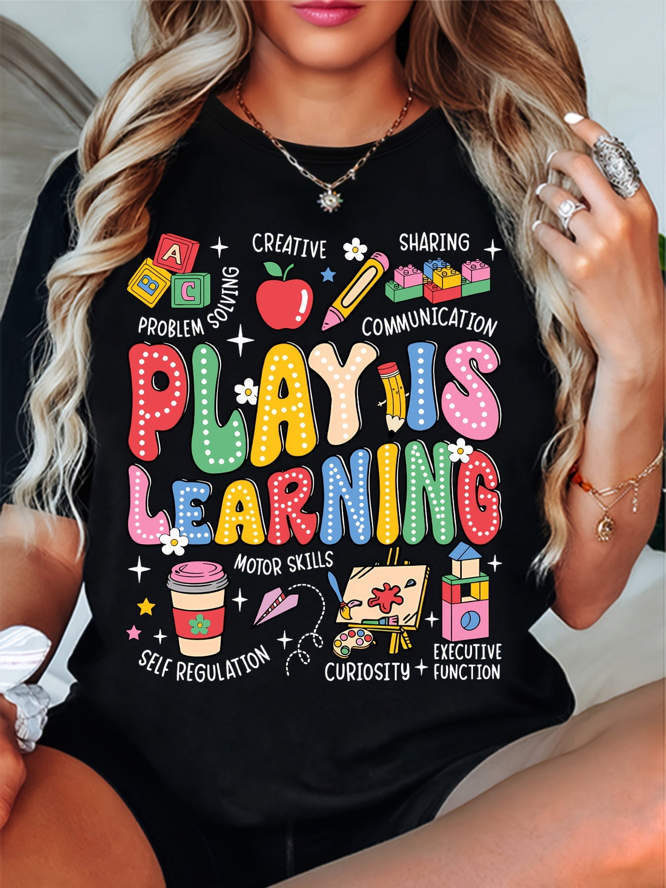 Play Is Learning Teacher T-Shirt - Vibrant Educational Graphic Print, Breathable Summer Casual Tee