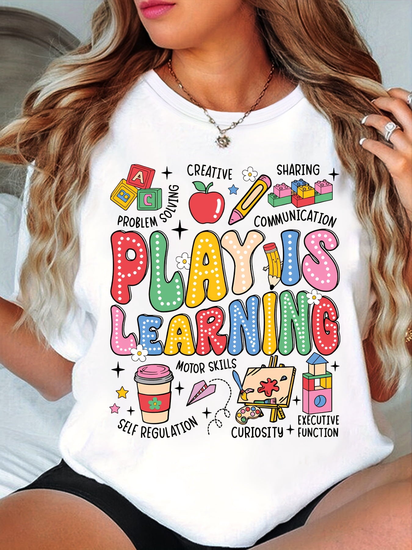 Play Is Learning Teacher T-Shirt - Vibrant Educational Graphic Print, Breathable Summer Casual Tee