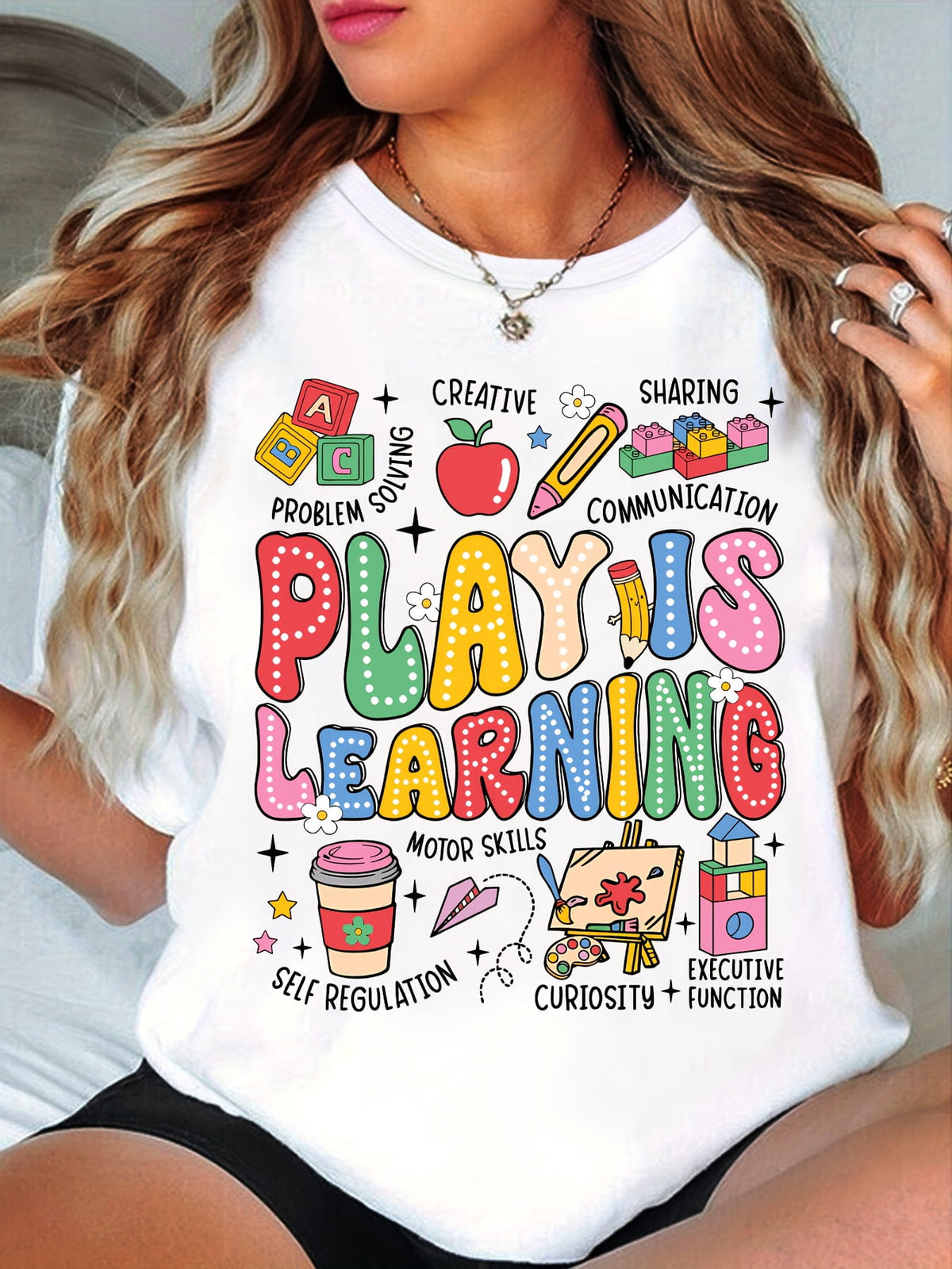 Play Is Learning Teacher T-Shirt - Vibrant Educational Graphic Print, Breathable Summer Casual Tee