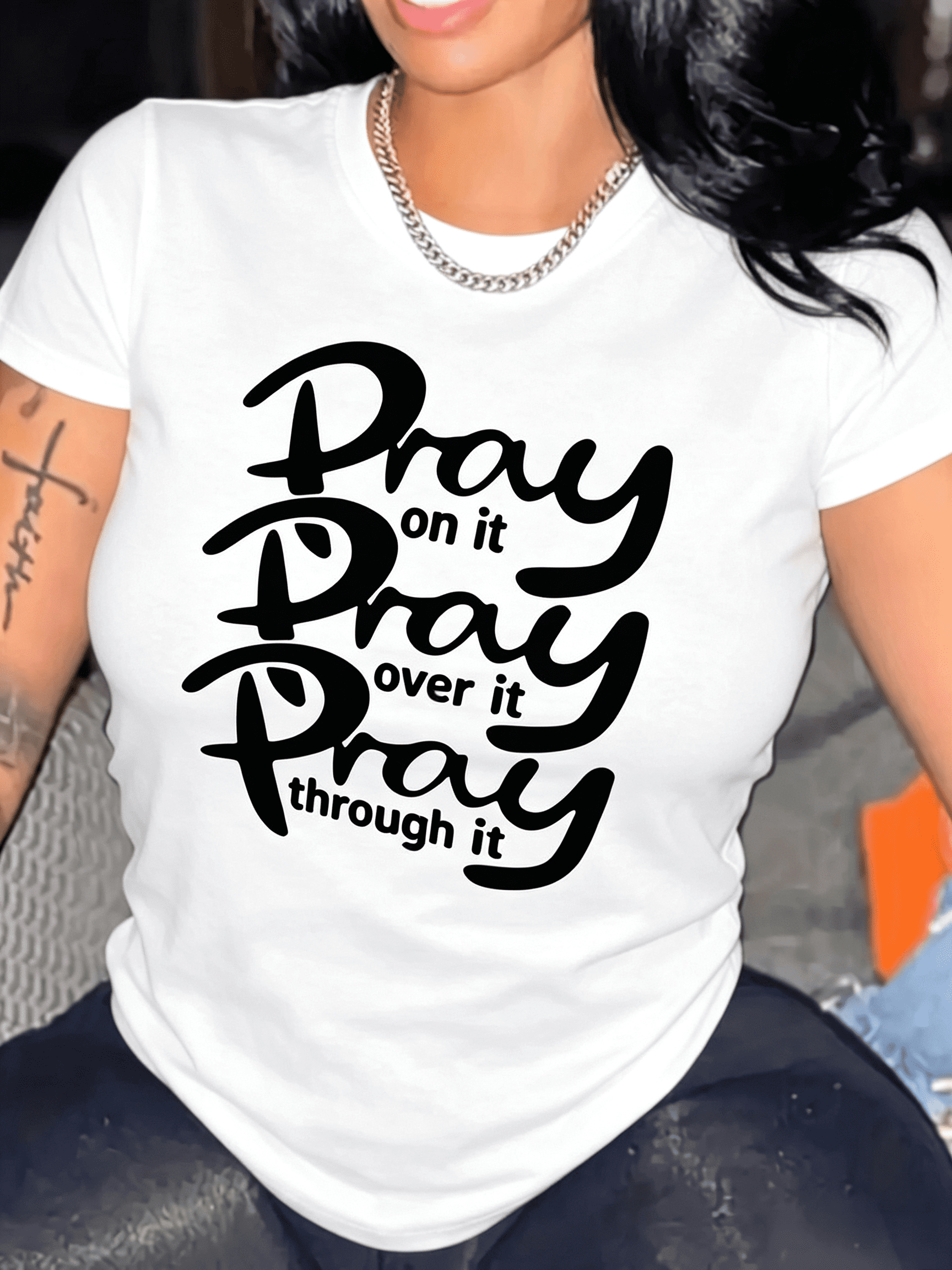 Pray Letter Print T-shirt, Casual Crew Neck Short Sleeve Top For Spring & Summer, Women's Clothing