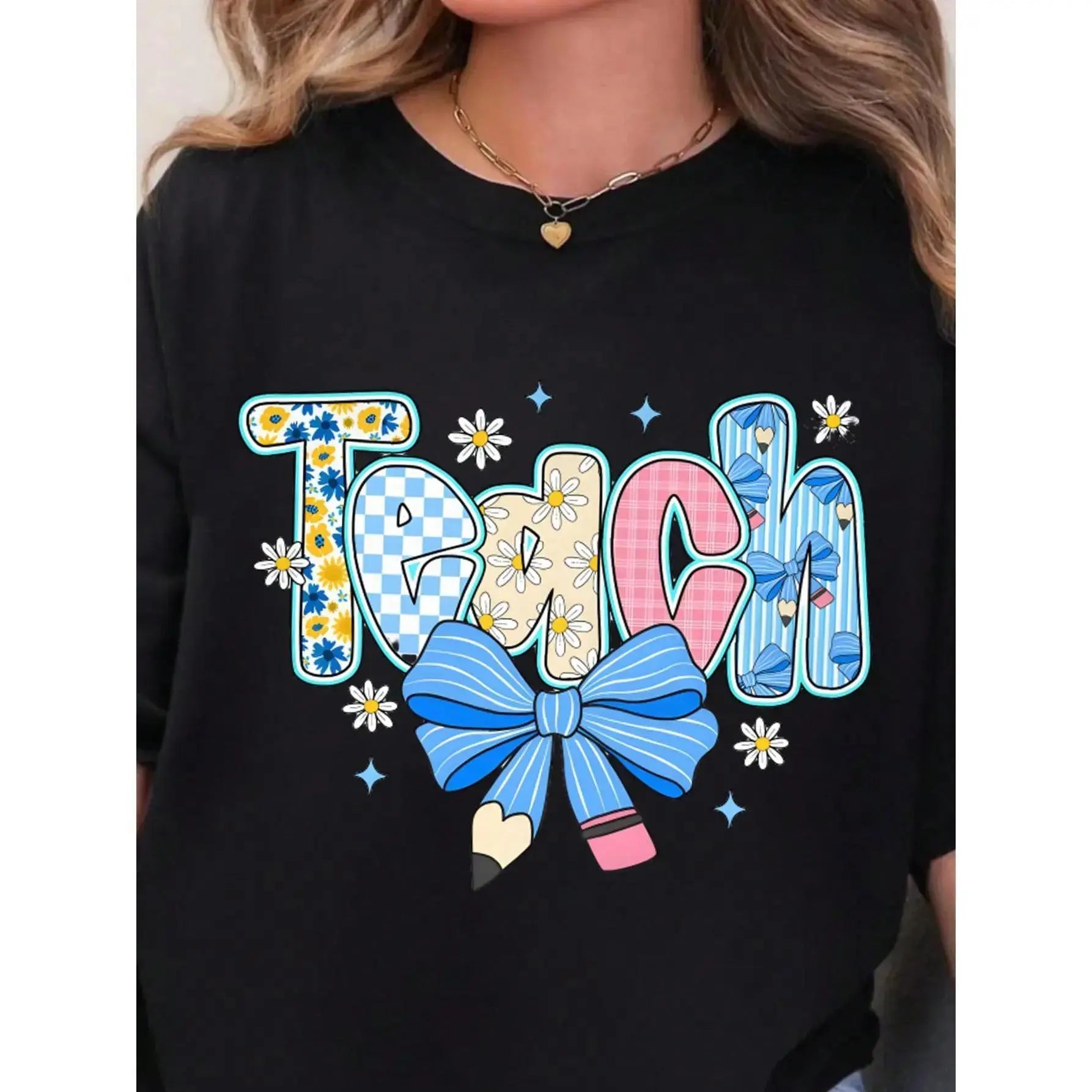 Preppy Teacher Floral Coquette Shirts, Teach Blue Floral Tee, Preppy Teacher Tops, Pencil Bow Teacher Checkered T-Shirts