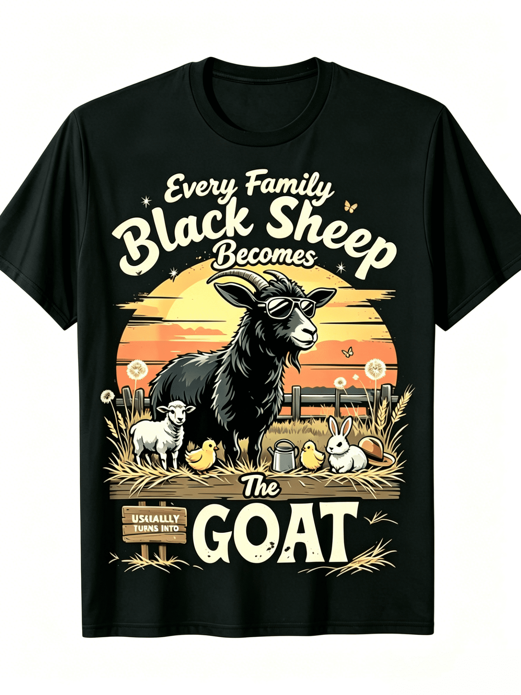 [Printed T-Shirt] Black Sheep Family Goat Pattern T-Shirt| Casual Round-neck T-shirt, Machine Washable