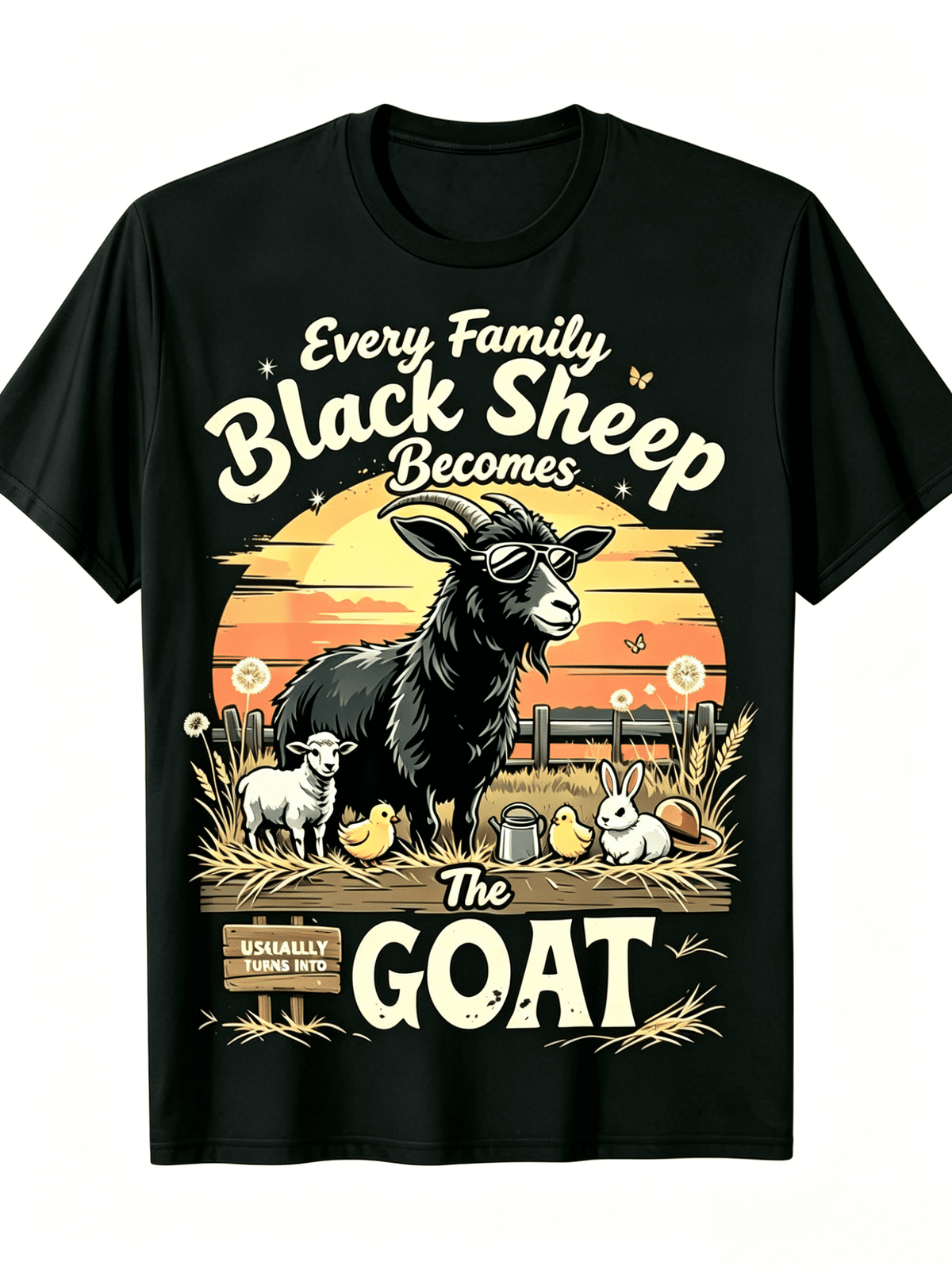 [Printed T-Shirt] Black Sheep Family Goat Pattern T-Shirt| Casual Round-neck T-shirt, Machine Washable