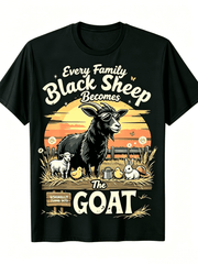 [Printed T-Shirt] Black Sheep Family Goat Pattern T-Shirt| Casual Round-neck T-shirt, Machine Washable
