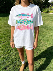 RISEN JUDY Women's Crew Neck Short Sleeve T Shirt Colorful Leopard Fish Graphic Casual Cotton Tee