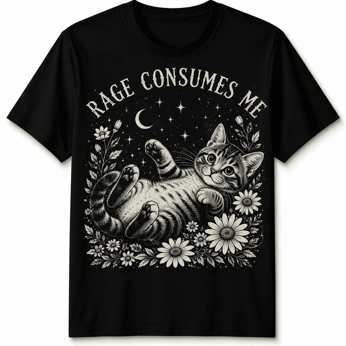 Rage Consumes Me Cat Tabby Animals Mens T-Shirt Womens Graphic Tee Floral Art-100% Cotton