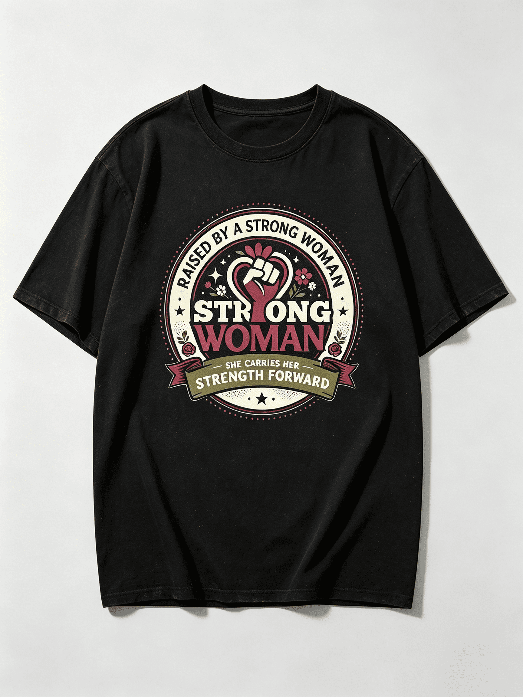 Raised By A Strong Woman She Carries Her Strength Forward Fist Rose Circle Graphic Women T-Shirt