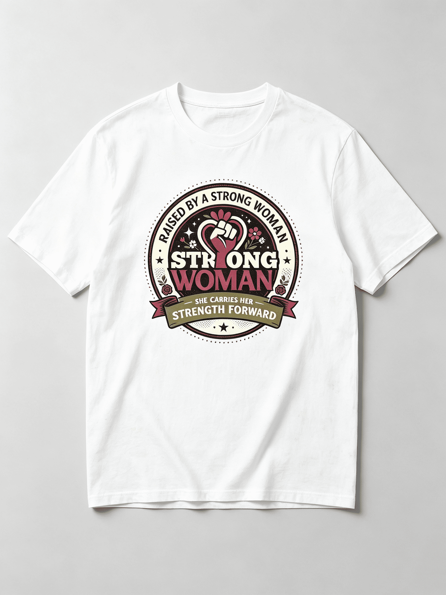 Raised By A Strong Woman She Carries Her Strength Forward Fist Rose Circle Graphic Women T-Shirt