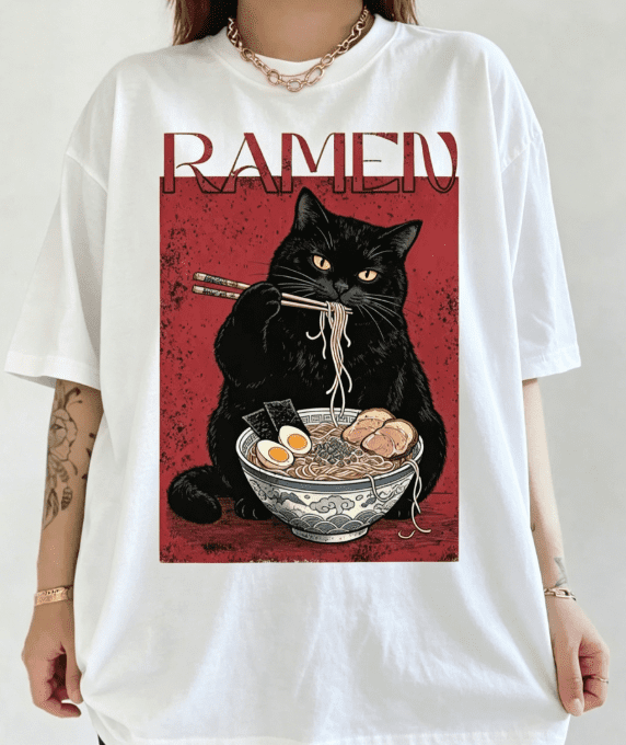 Ramen T-Shirt, Japanese Black Cat Shirt, Cute Noodle Graphic Tee, Funny Cat Lover Gift, Retro Japan Style Top for Women Men