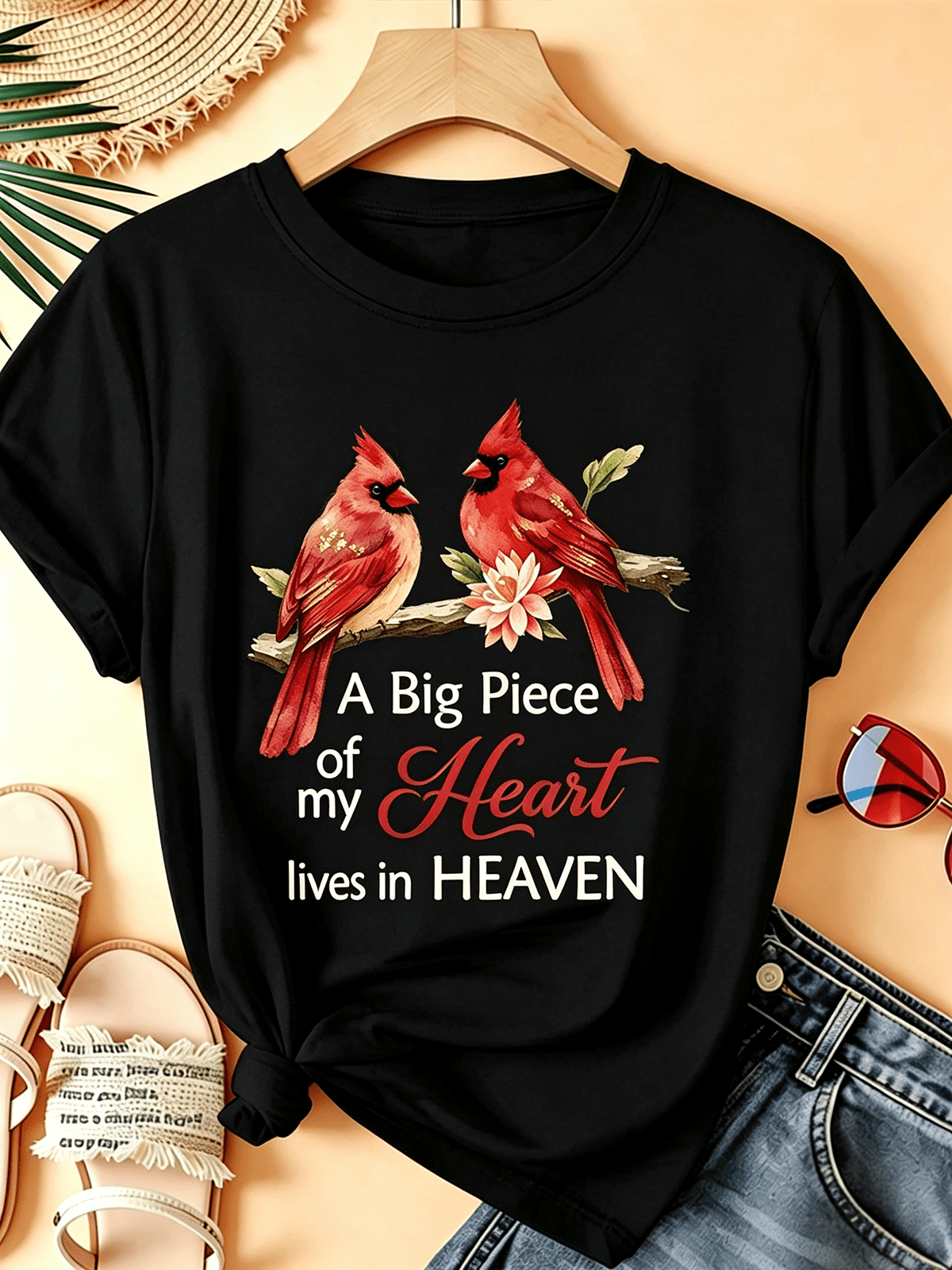 Red Cardinal Birds A Big Piece Of My Heart Lives In Heaven Memorial T-Shirt