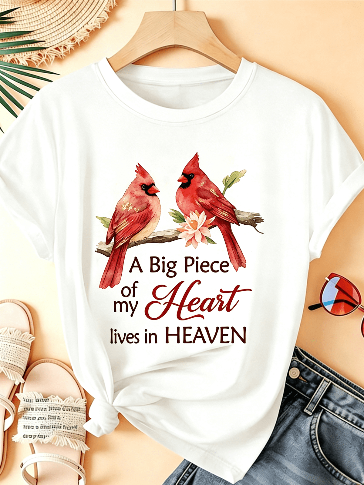 Red Cardinal Birds A Big Piece Of My Heart Lives In Heaven Memorial T-Shirt