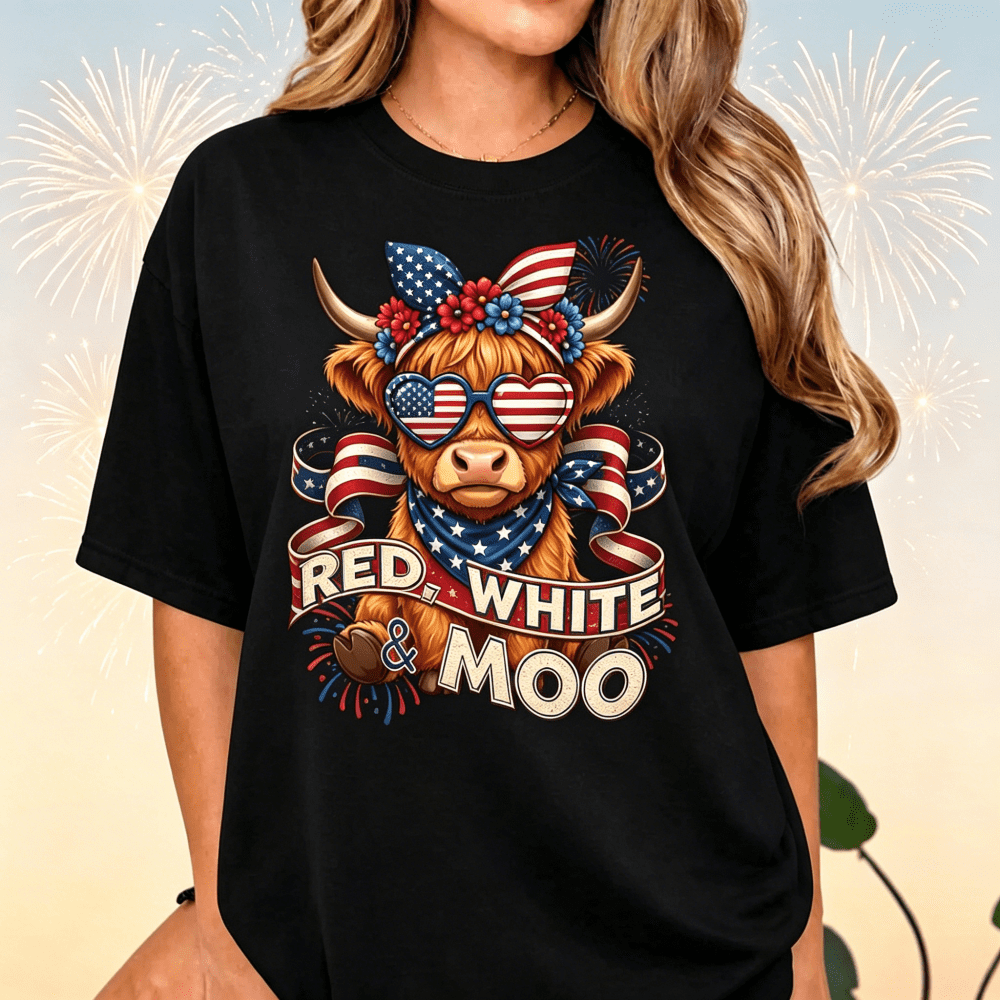 Red White & Moo Highland Cow T-Shirt, 4th of July Patriotic Graphic Tee, Cute American Flag Cow Shirt, Independence Day Fireworks Short Sleeve Top