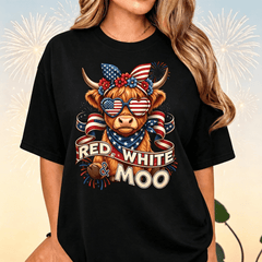 Red White & Moo Highland Cow T-Shirt, 4th of July Patriotic Graphic Tee, Cute American Flag Cow Shirt, Independence Day Fireworks Short Sleeve Top
